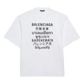 Balenciaga-pullover til mænd med teksttryk, rund hals og korte ærmer, hvid 641614TJVI39040 Balenciaga-pullover til mænd med teksttryk, rund hals og korte ærmer, hvid 641614TJVI39040