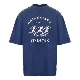 Balenciaga SS21 løbetrøje til mænd med mønsterprint og logo, løs pasform, korte ærmer, blå 641614TJVK64866