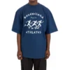 Balenciaga SS21 løbetrøje til mænd med mønsterprint og logo, løs pasform, korte ærmer, blå 641614TJVK64866