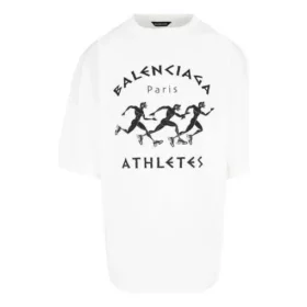 Balenciaga SS21 maraton-løbetrøje til mænd med mønsterprint og logo, korte ærmer, hvid 641614TJVK69040
