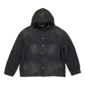 Denimjakke med hætte og knapper i bleget look “Black” 724653TNW541129