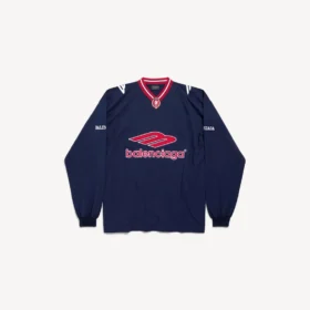 Herre 3b fodbold-T-shirt med lange ærmer og V-hals i mørk marineblå/rød