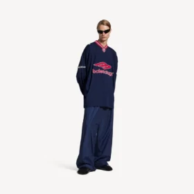 Herre 3b fodbold-T-shirt med lange ærmer og V-hals i mørk marineblå/rød