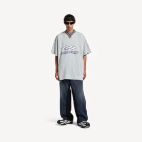 Herre 3b fodbold-T-shirt med V-hals i oversize i grå/hvid