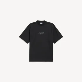 Herre-T-shirt i sort med skitsagtigt motiv og medium pasform