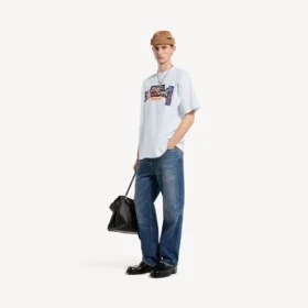 Herre-T-shirt med bumper stickers-motiv i medium pasform, hvid