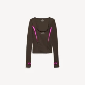 Tætsiddende langærmet techwear-top til kvinder i khakibrun/neonrosa